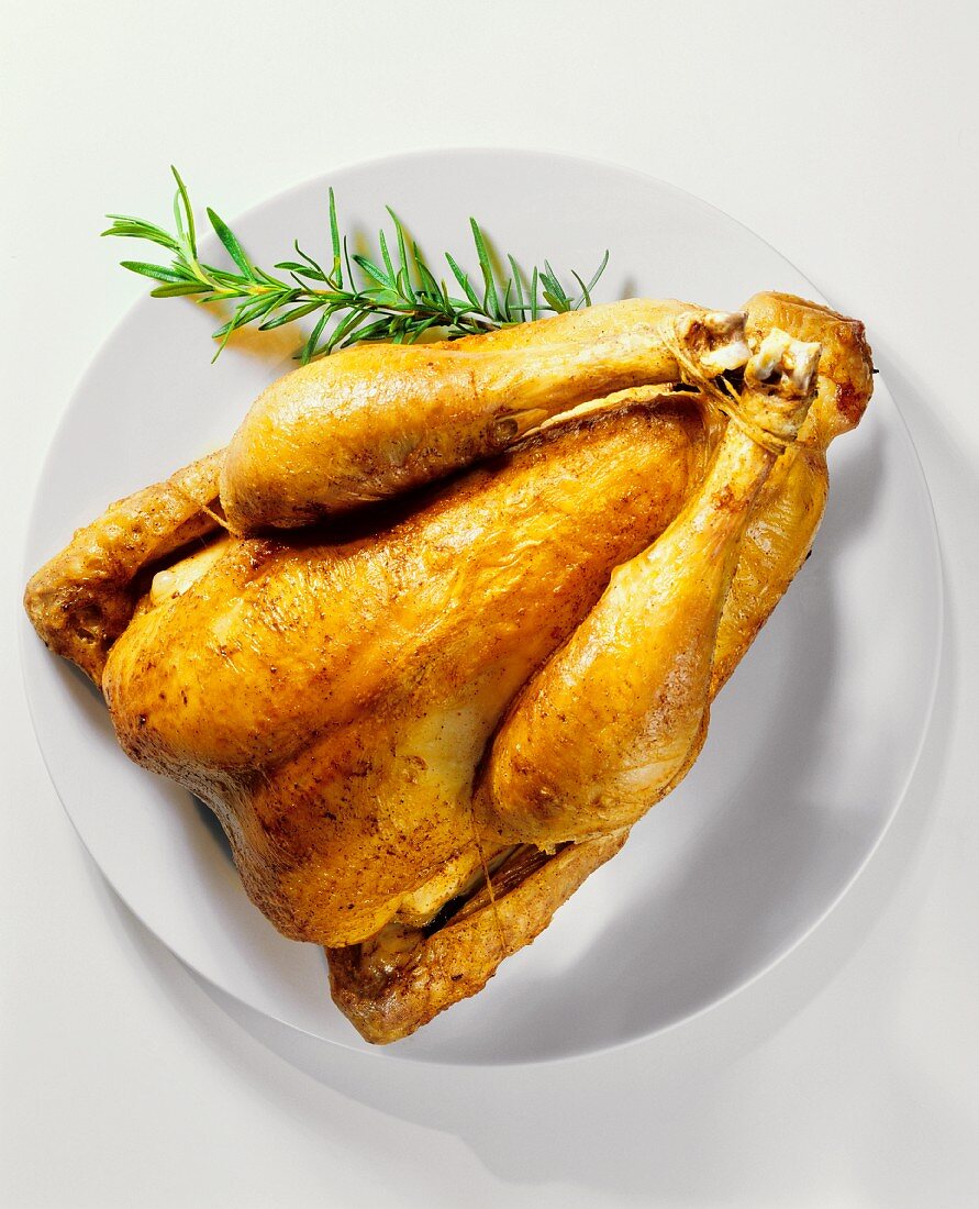 Roast capon (large chicken) with rosemary on plate