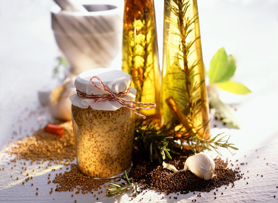 Home-made herb mustard and rosemary oil