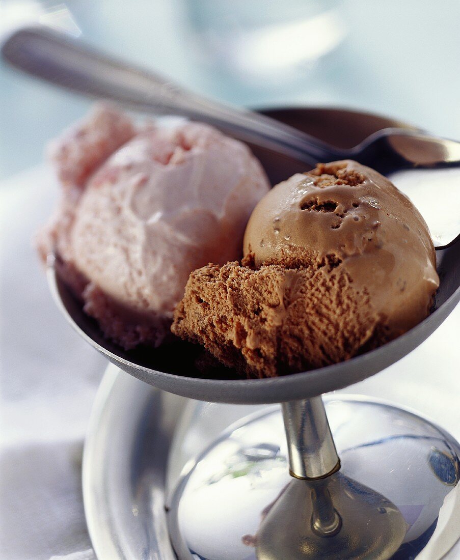 Sundae with scoops of chocolate & strawberry ice cream