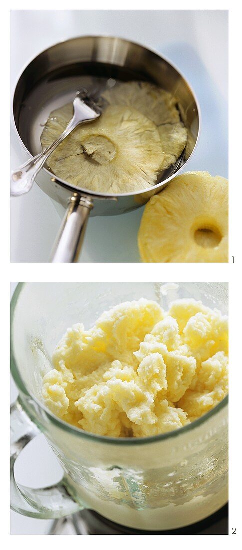 Preparing pineapple sorbet with pineapple crisps