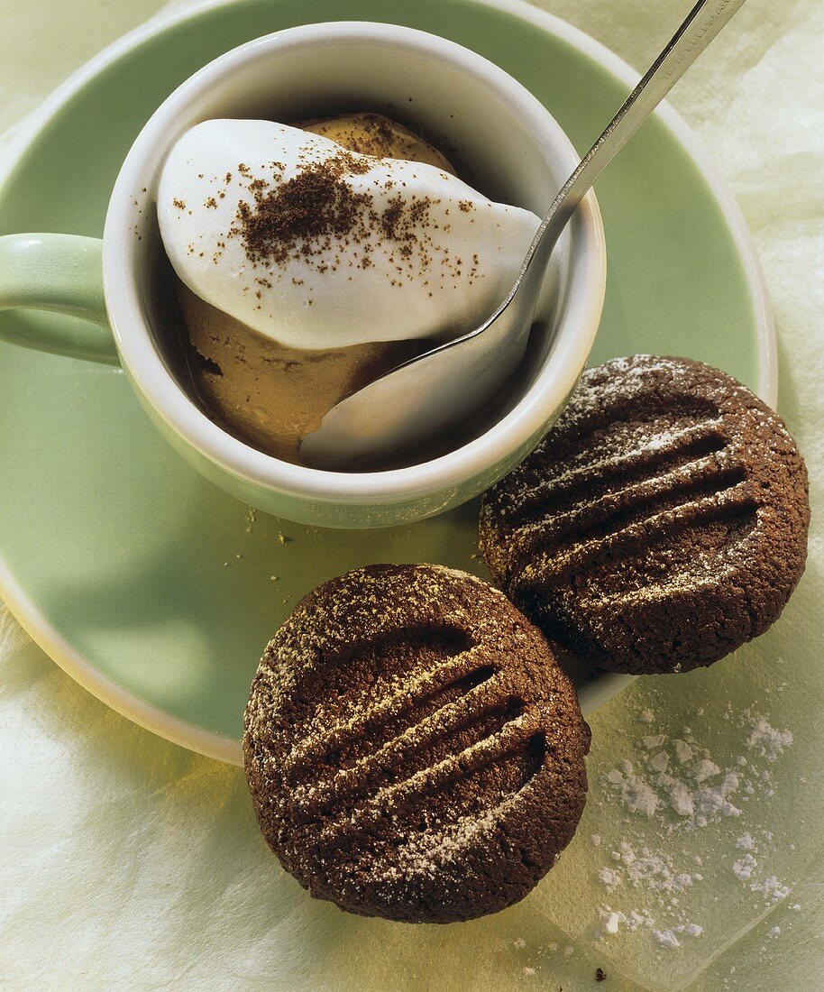 Mocha ice cream & cream in cappuccino cup, espresso biscuits