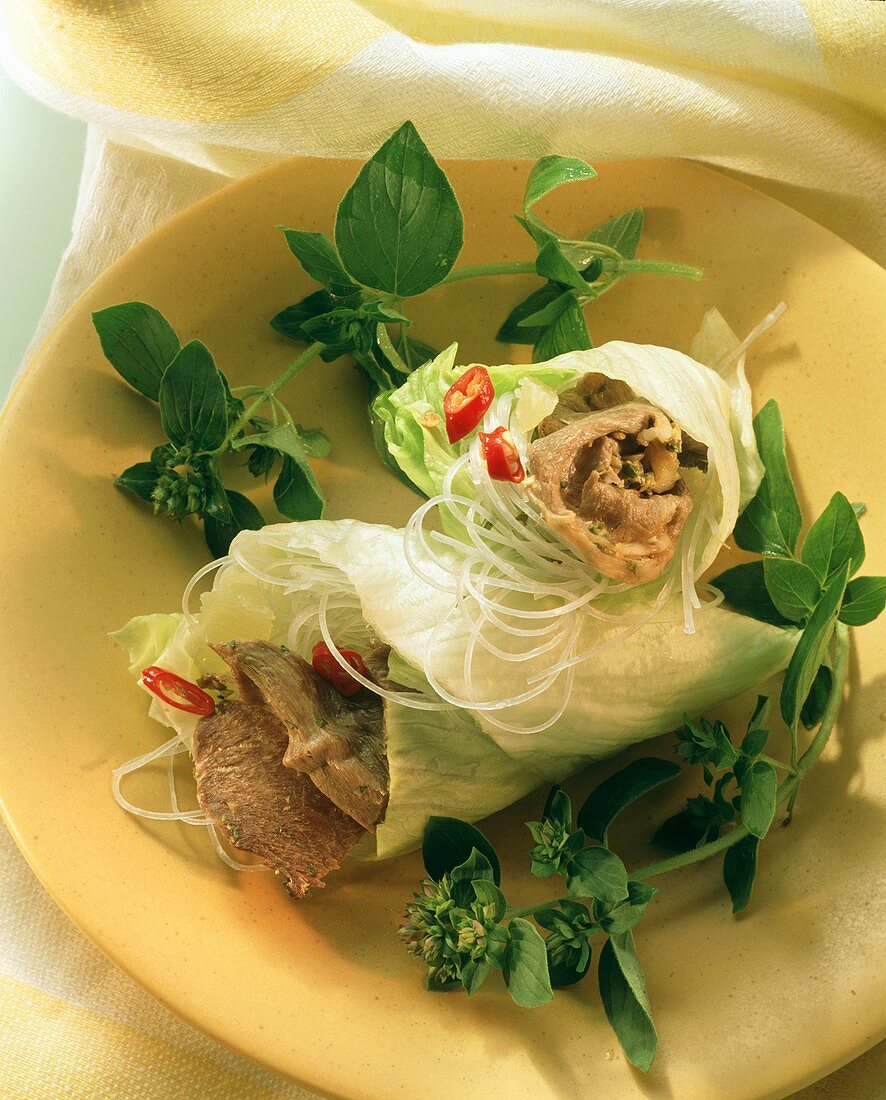 Dried beef with glass noodles wrapped in iceberg lettuce