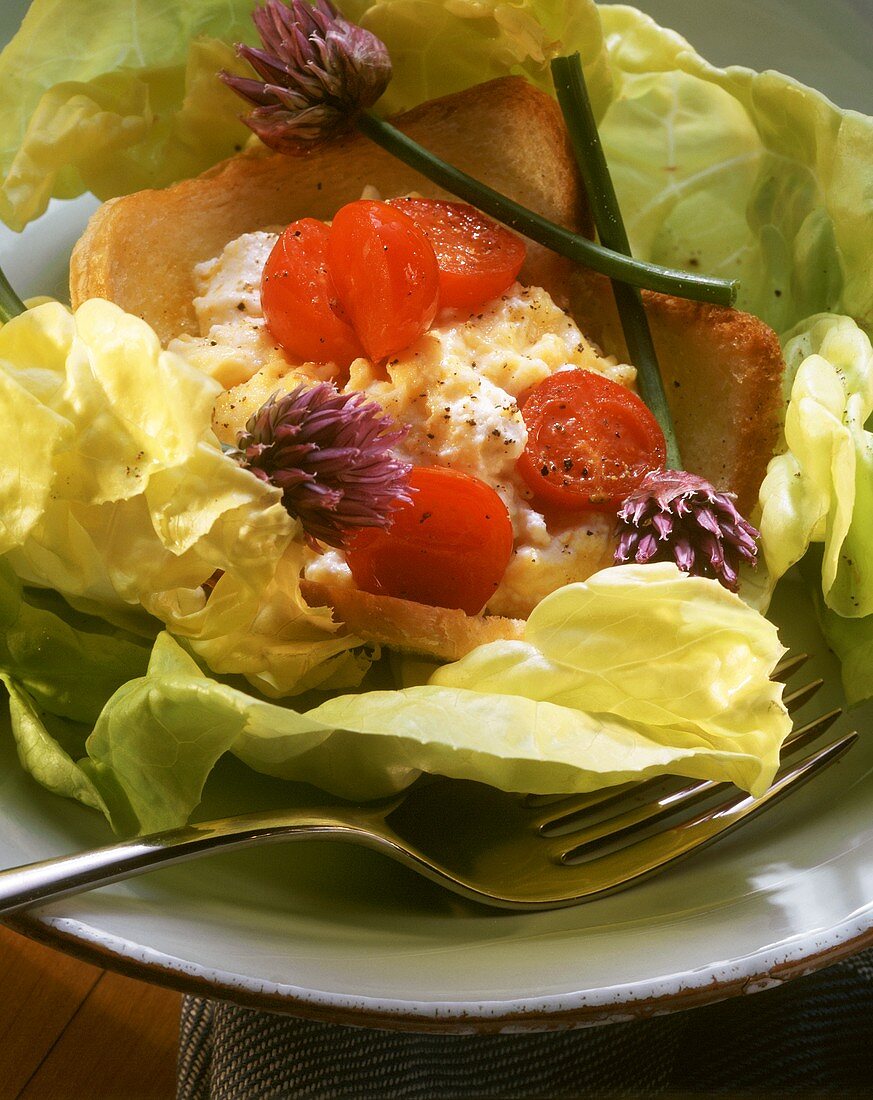 Toast mit Rührei, Tomaten und Salatblättern (Toats-Cups)