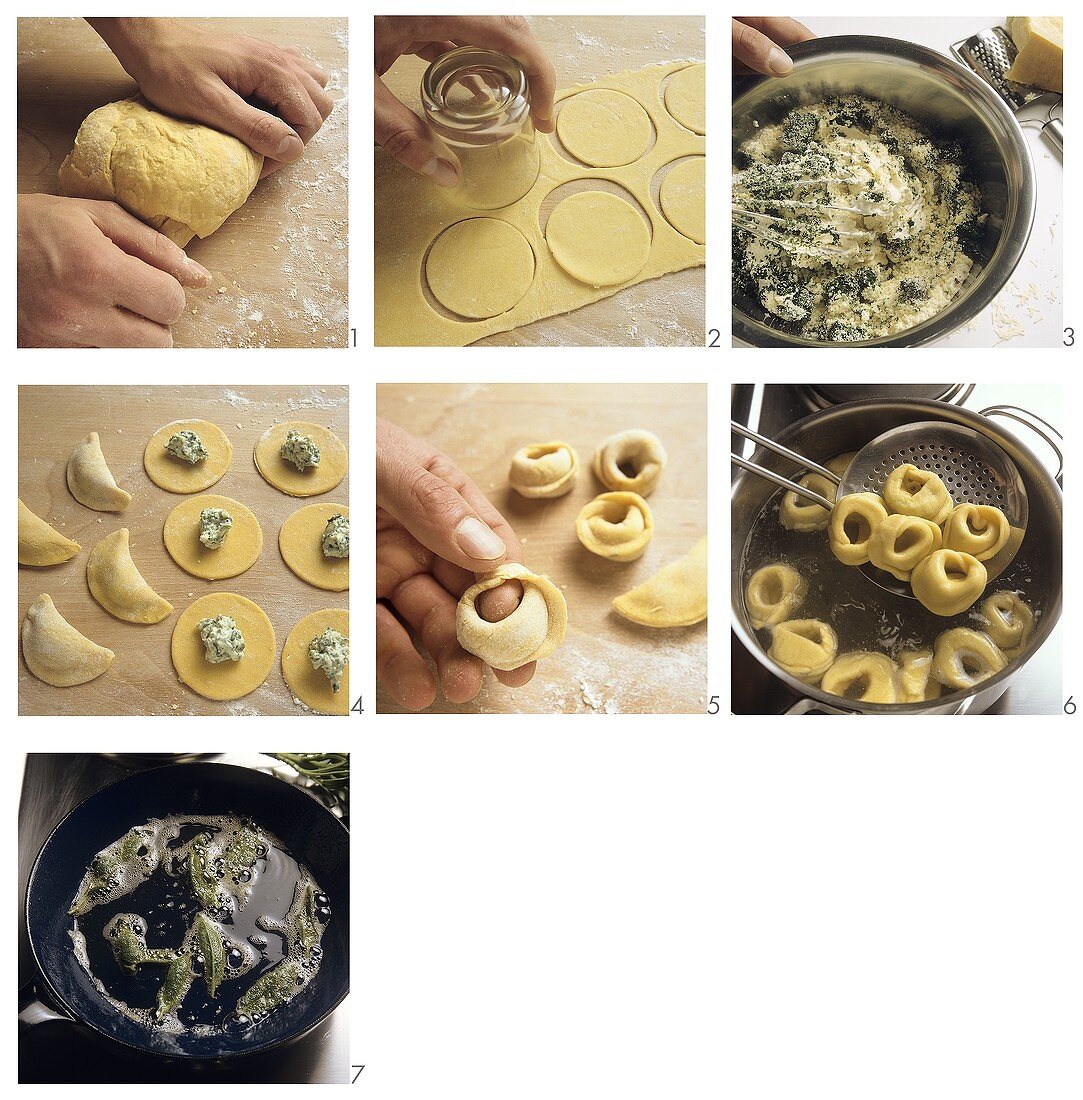 Making tortellini with quark and herb filling