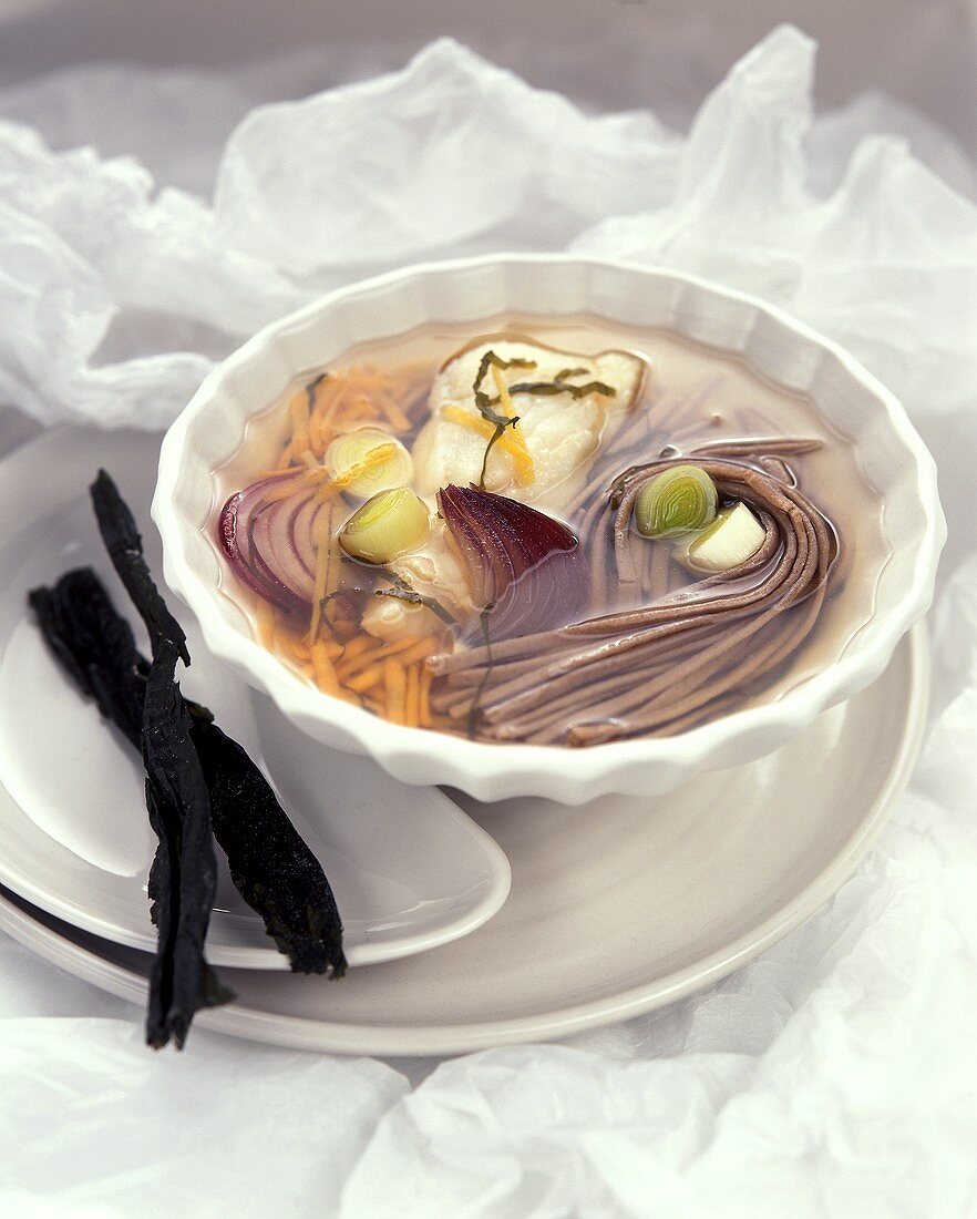 Japanese fish soup with soba noodles