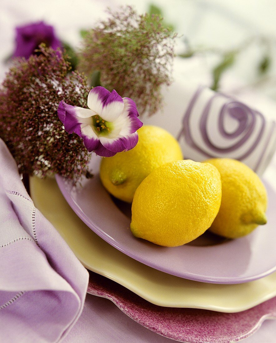 Zitronen auf Teller, daneben Blumen