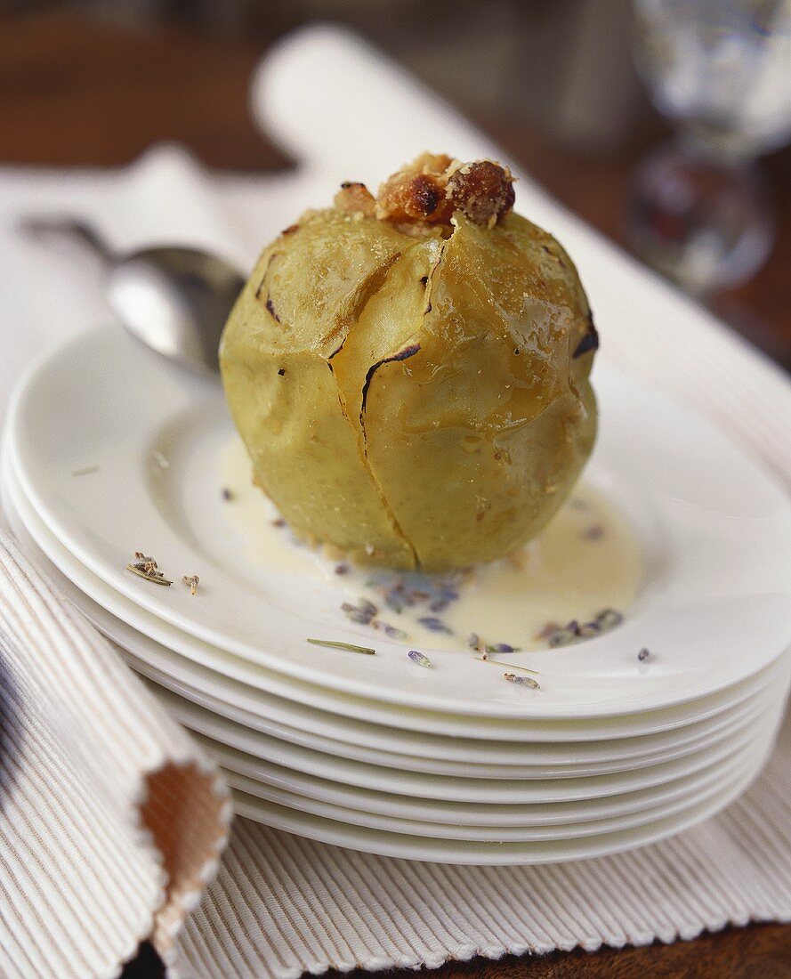 Baked apple with vanilla and lavender sauce
