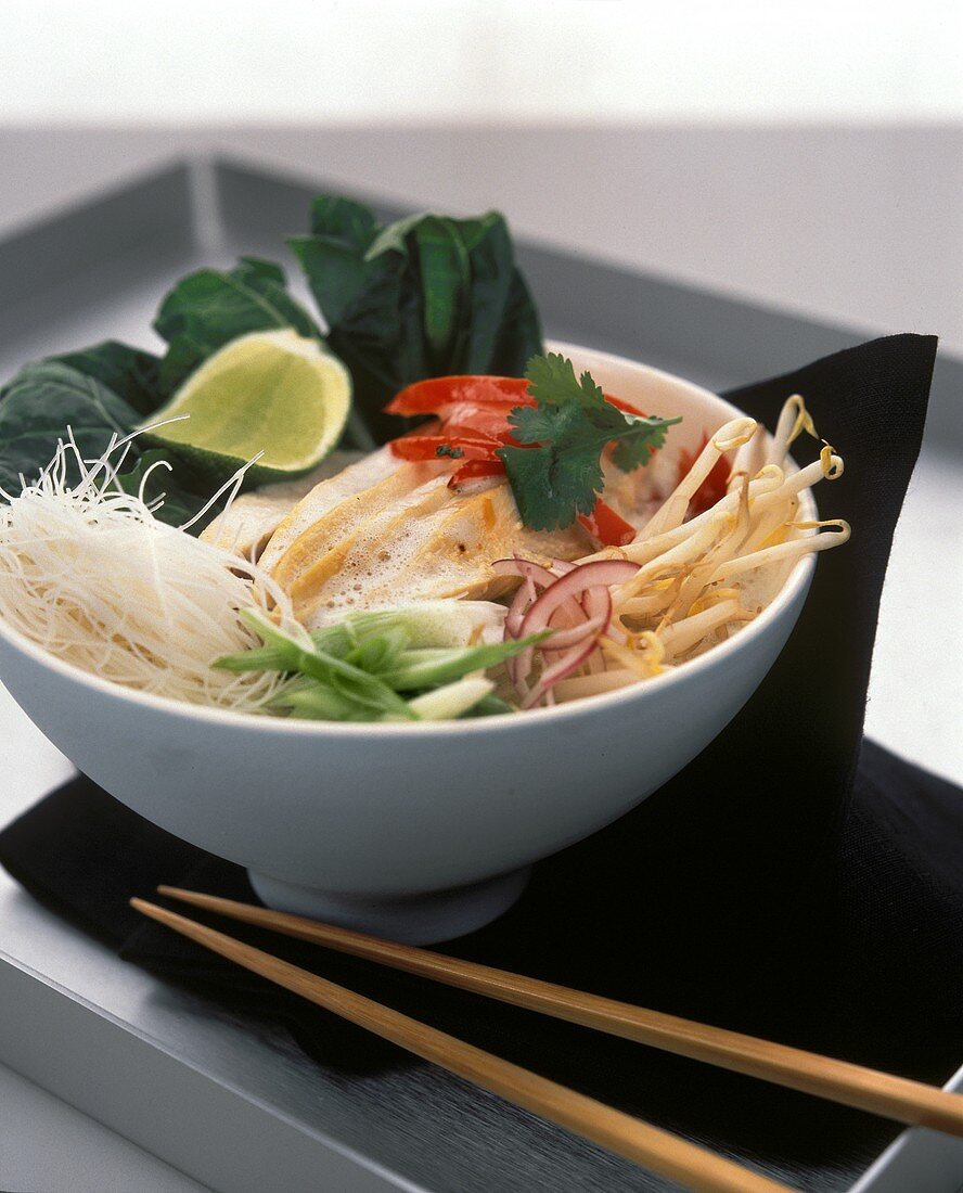 Chicken laksa with rice noodles and sprouts