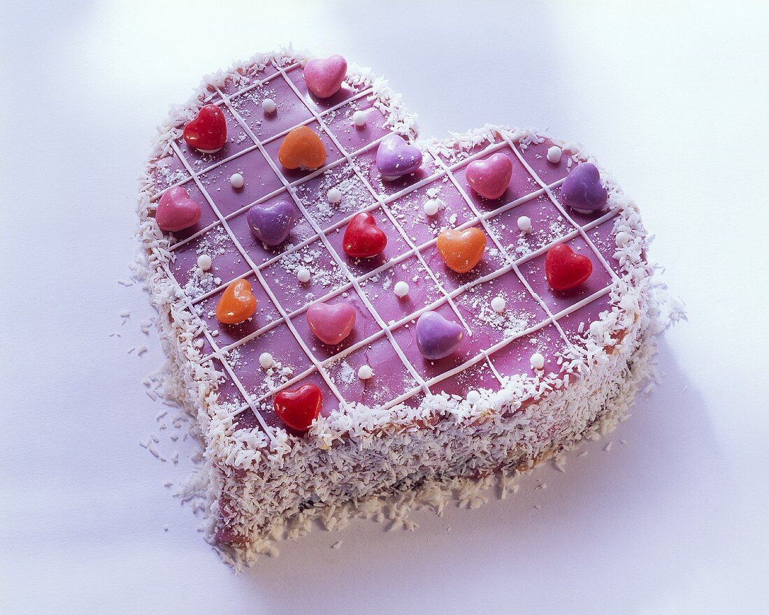 Pink love-heart with coconut flakes & heart-shaped sweets
