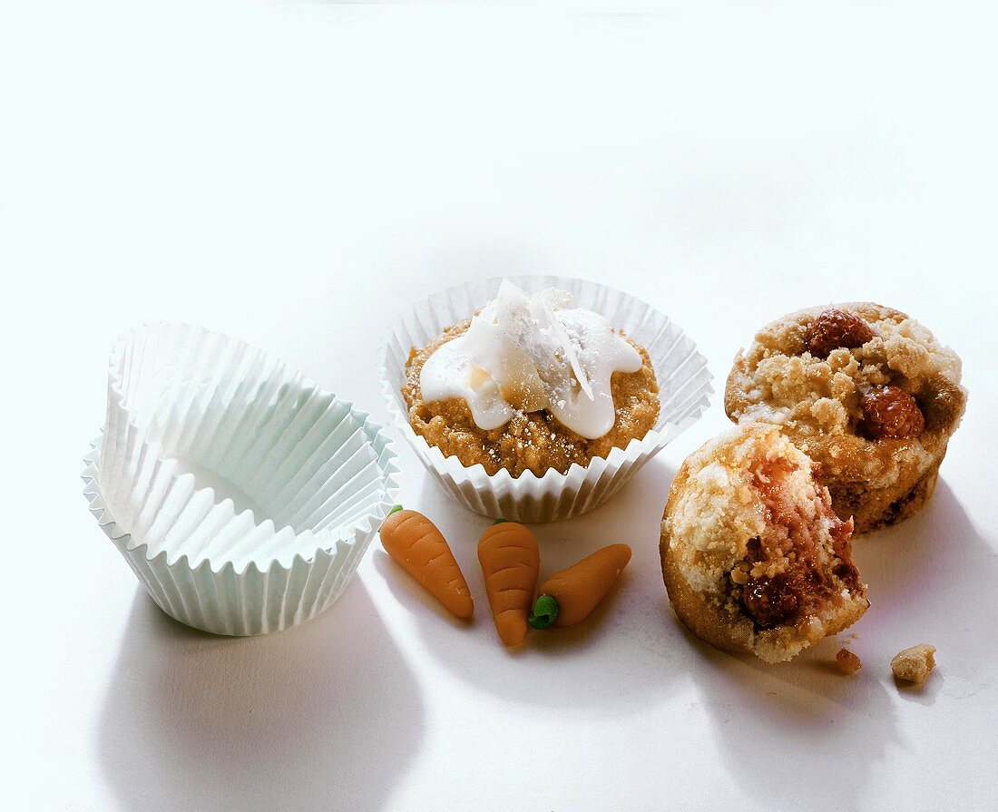 Apple, carrot & coconut muffin and raspberry muffin