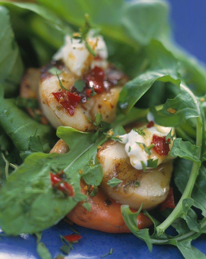 Spicy salad with pilgrim scallops and rocket