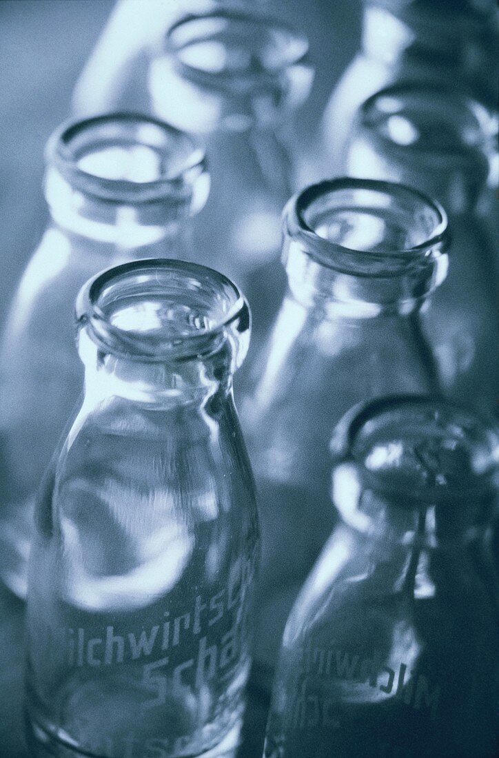 Empty bottles with the dairy label 