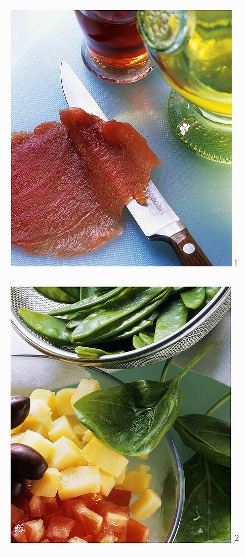 Preparing salad with tuna fillet