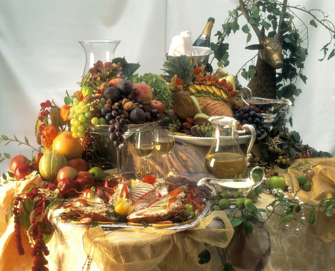 Elegant Buffet with Fruit and Wine