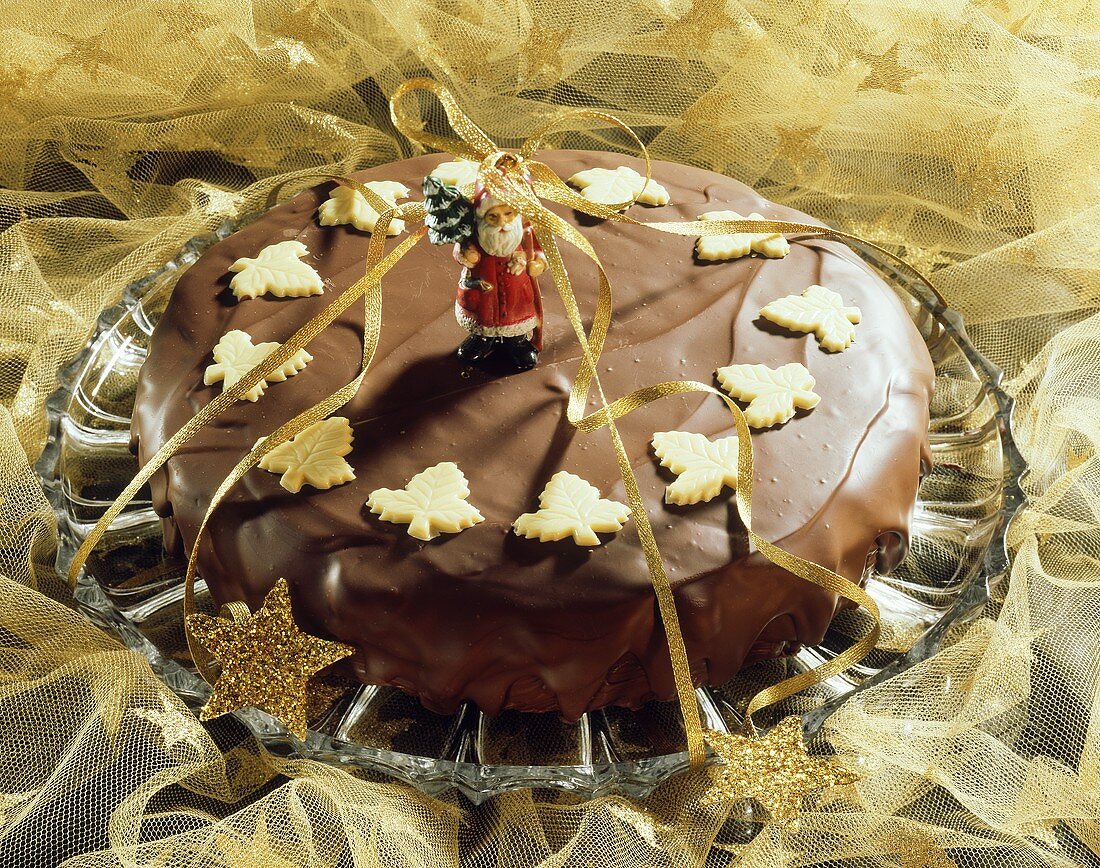 Chocolate cake on gold fabric