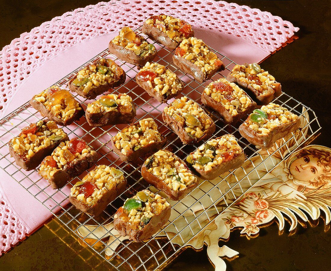 Praline squares on baking sheet