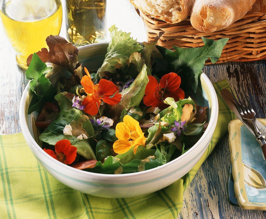 Mixed salad leaves, nasturtium flowers & mustard & dill sauce
