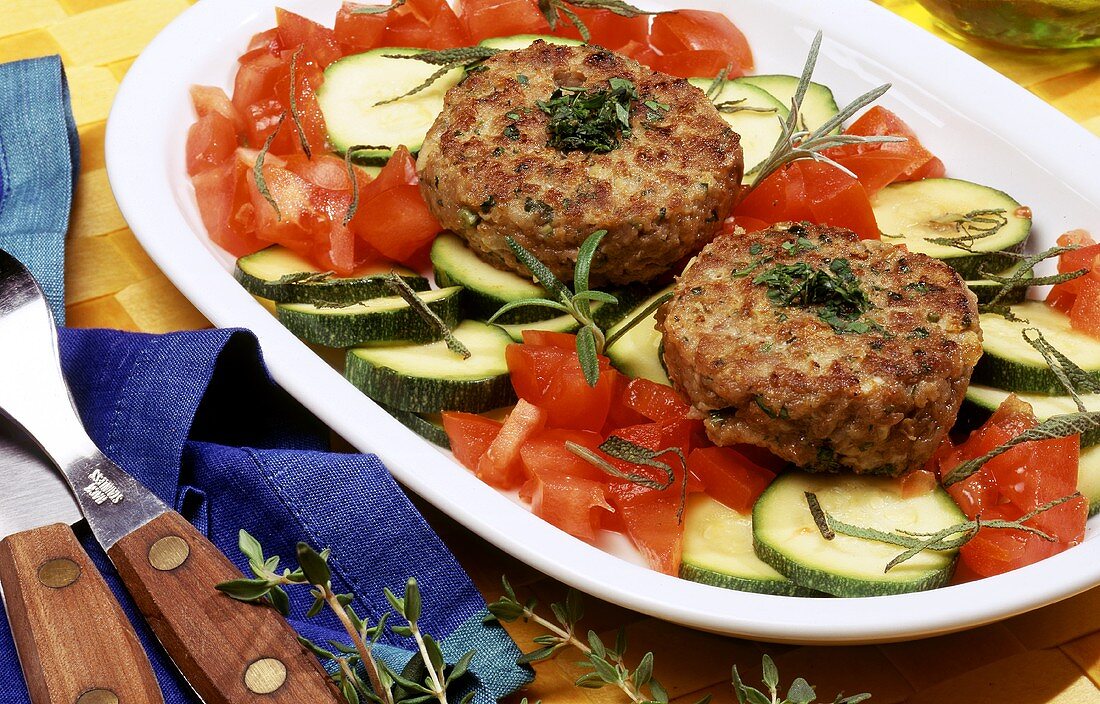 Frikadeller on tomatoes and courgettes