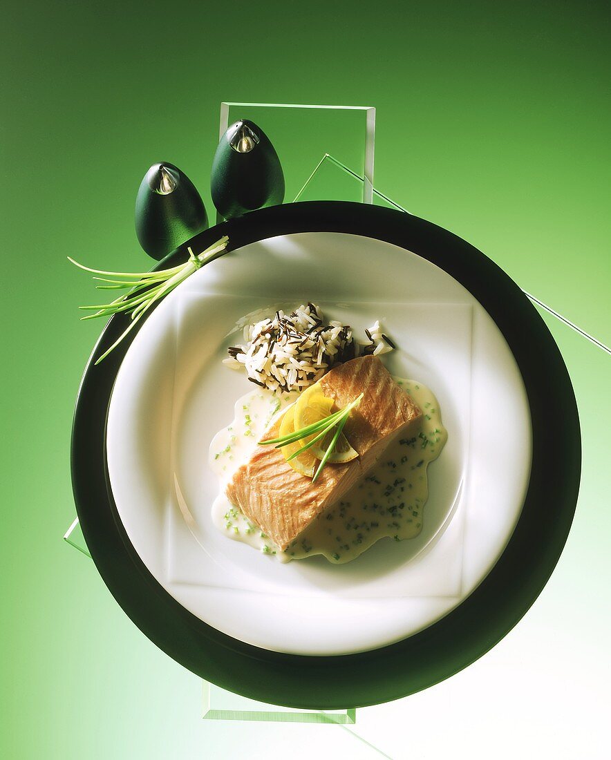 Salmon fillet on cream and chive sauce with wild rice