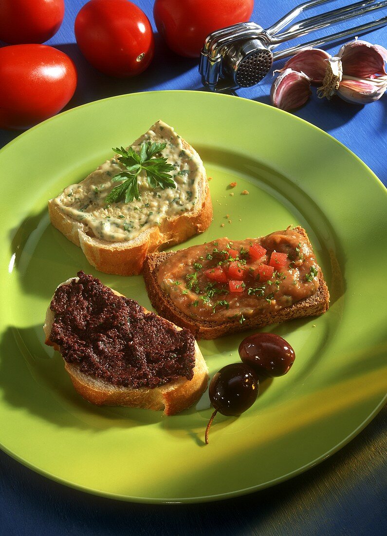 Slices of bread with various spreads