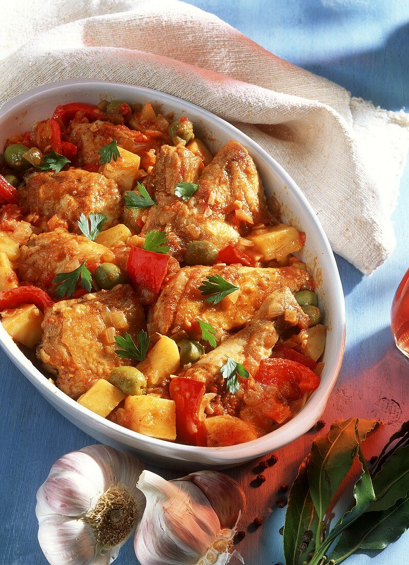 Spanisches Hähnchen in der Reine mit Paprika und Tomaten