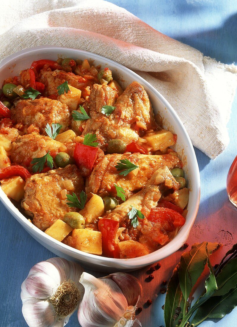 Spanish chicken in roasting dish with peppers & tomatoes