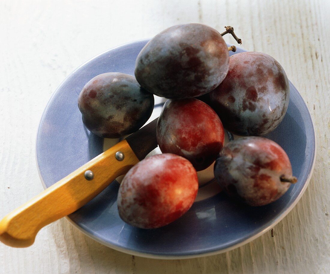 Plums on blue plate with knife