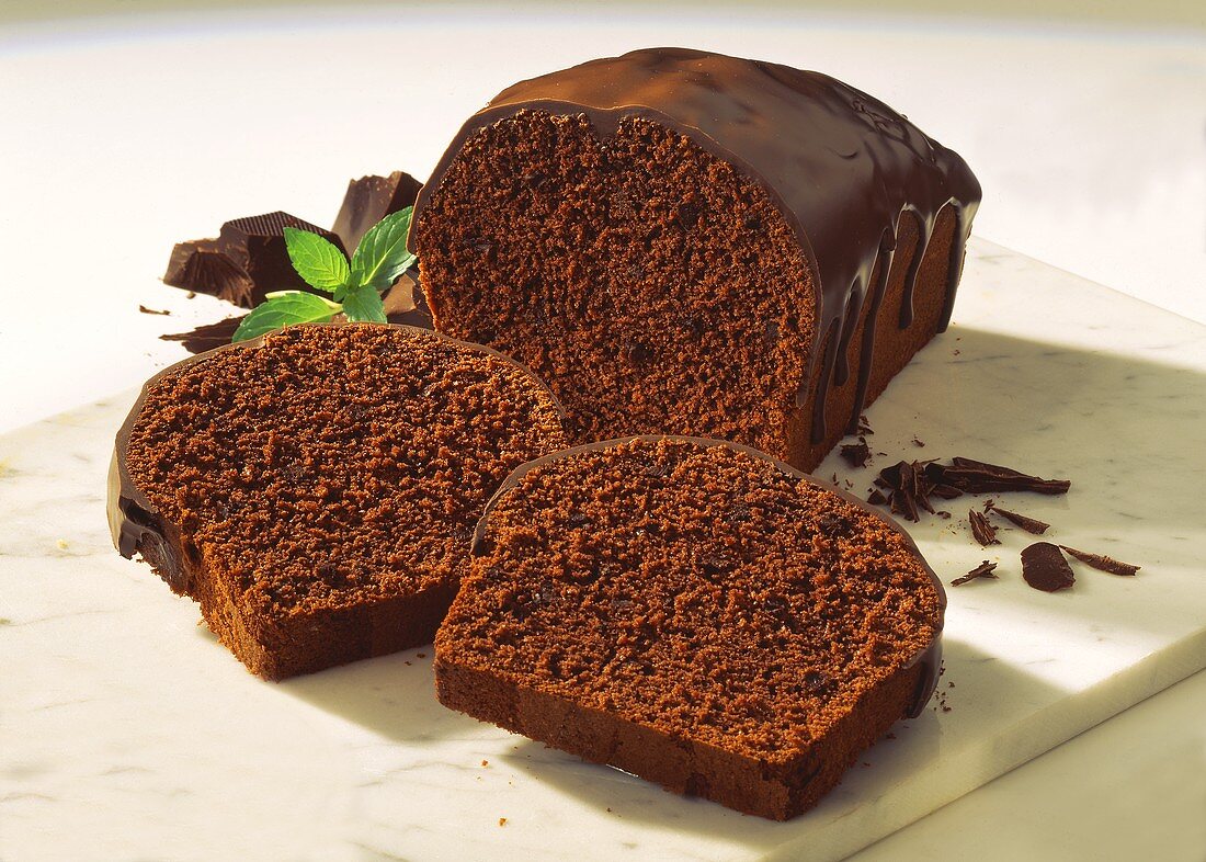 Loaf-shaped chocolate cake with chocolate icing