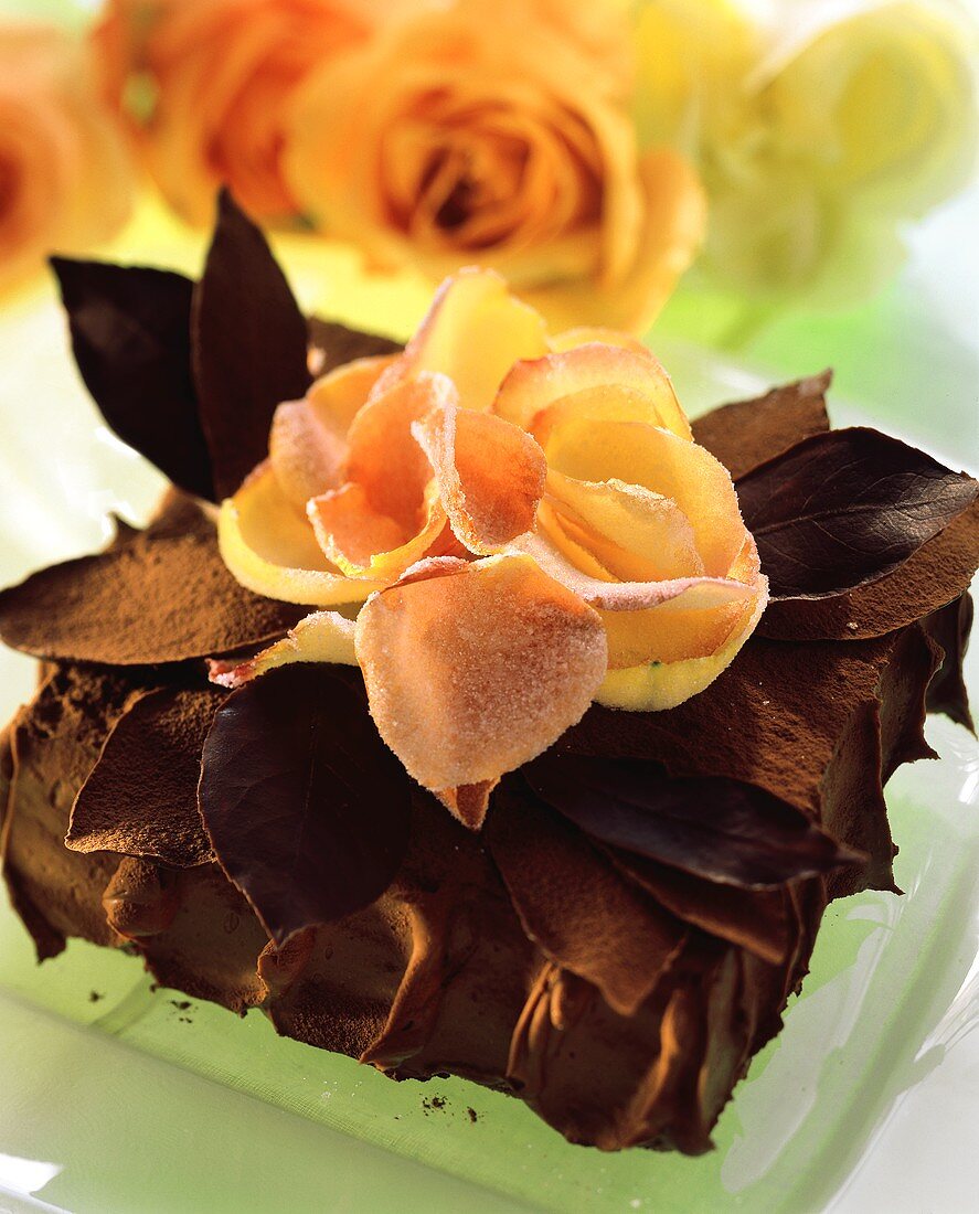 Chocolate gateau with chocolate leaves and rose petals