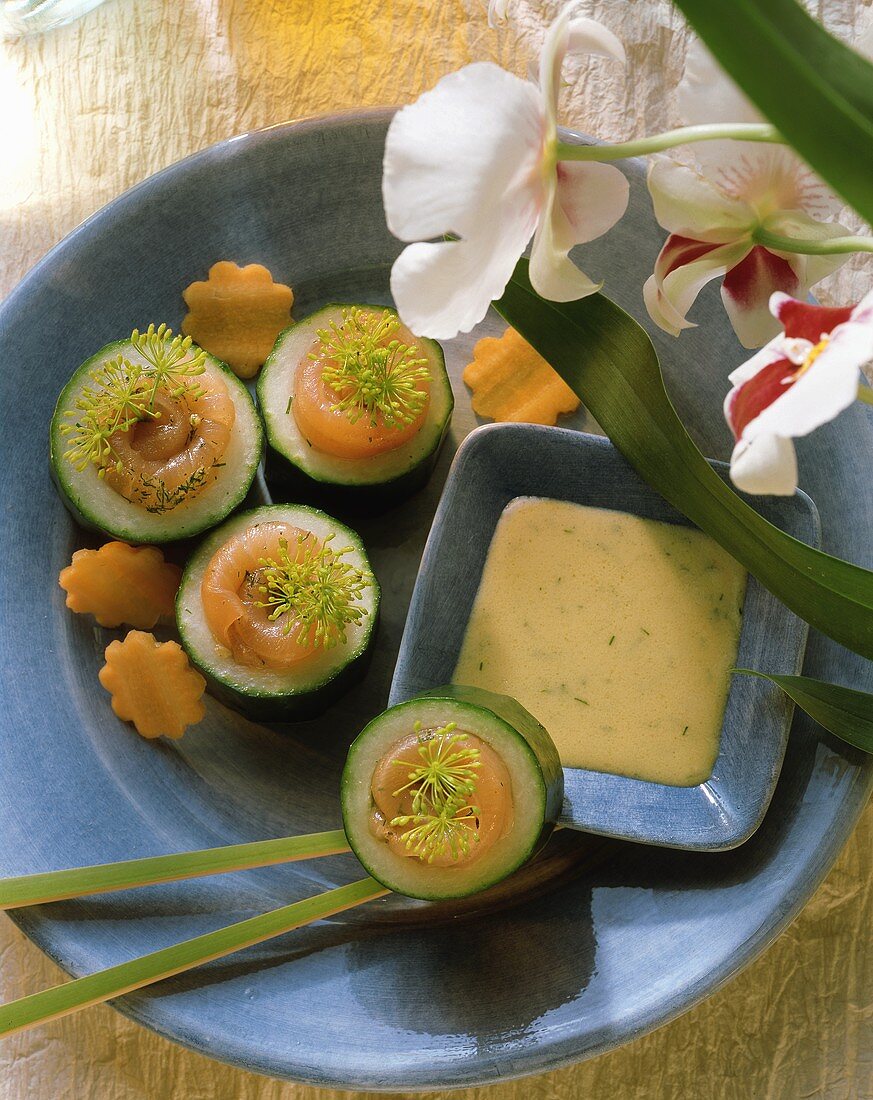 Japanese snack: cucumber rings stuffed with salmon