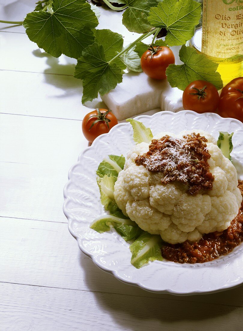 Cauliflower with mince and tomato sauce