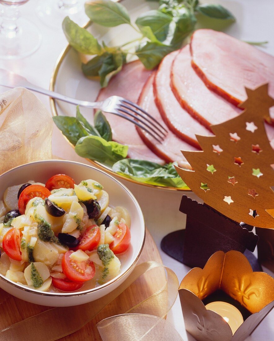 Honey-roast ham with pesto and potato salad