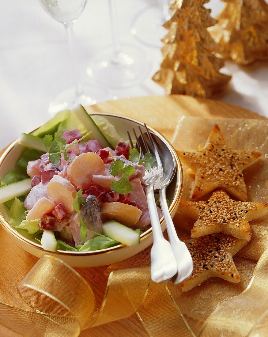 Herring salad with beetroot, with sesame toast