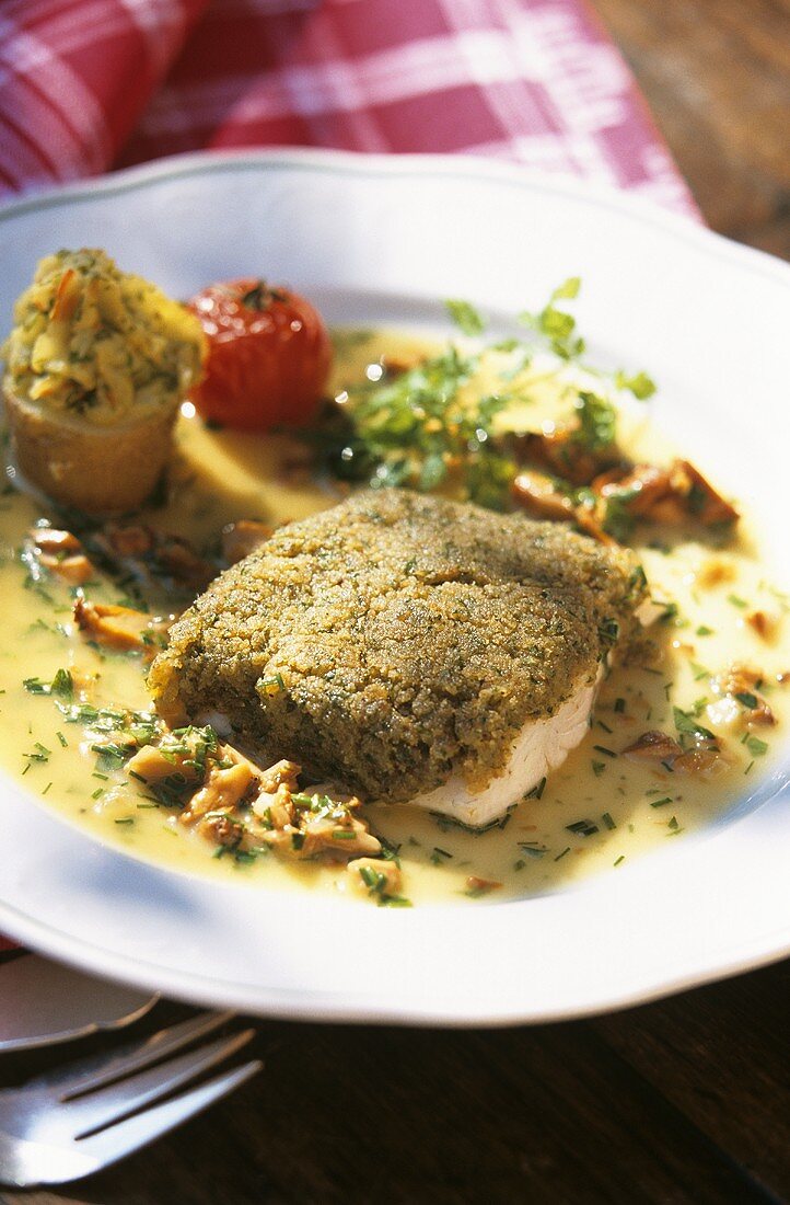 Pike-perch gratin with herb mushroom sauce from Alsace