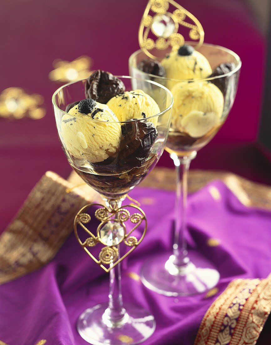 Vanilla ice cream with bottled prunes