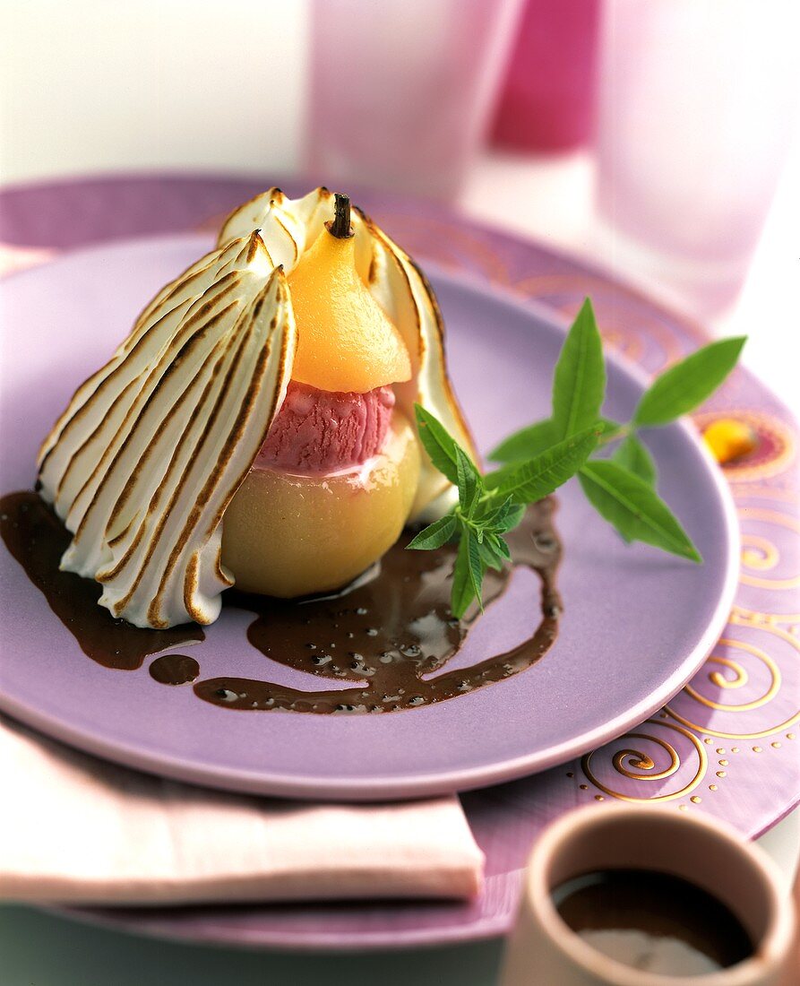 Poached pear with strawberry ice cream in meringue case