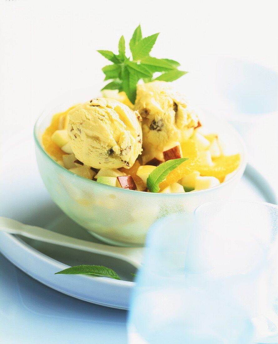 Malaga ice cream on fruit salad