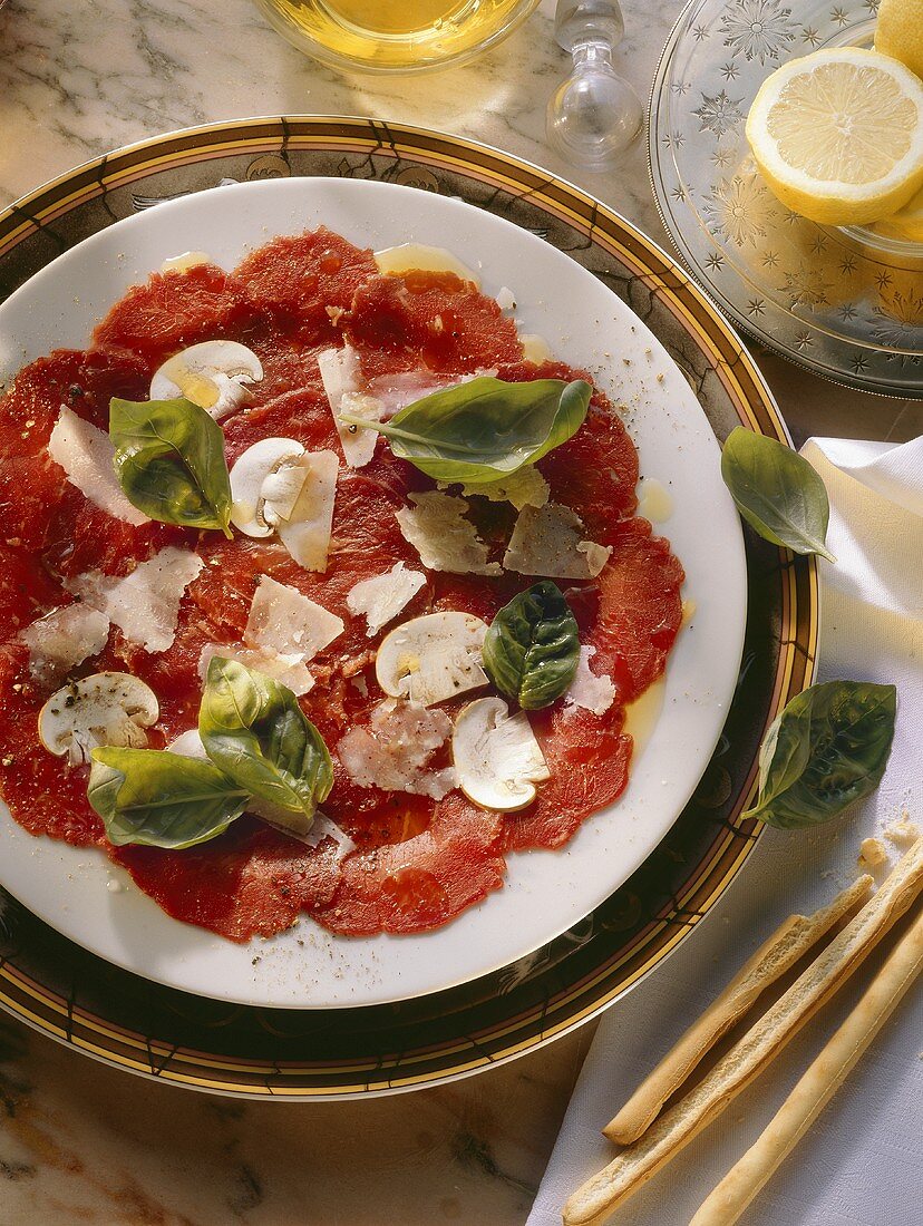 Carpaccio e funghi (beef carpaccio with mushrooms, Italy)