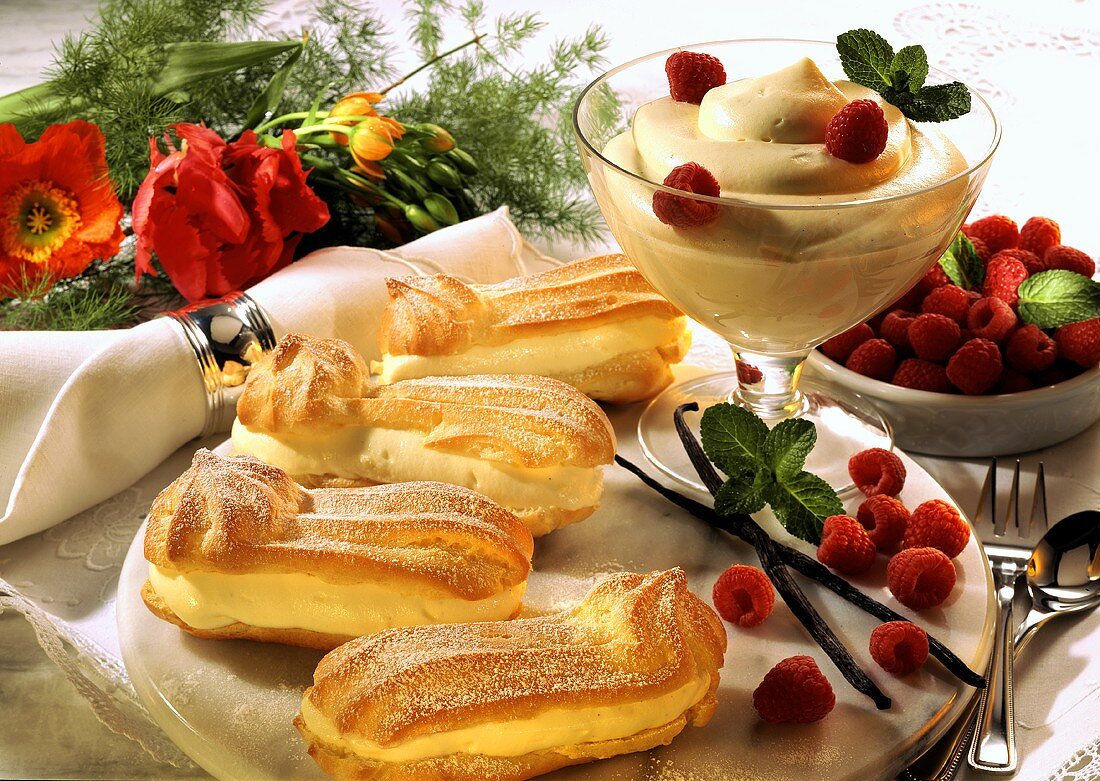 Eclairs filled with vanilla mousse & fresh raspberries