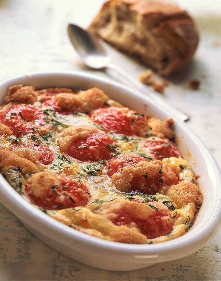 Cheese and tomato gratin in baking dish