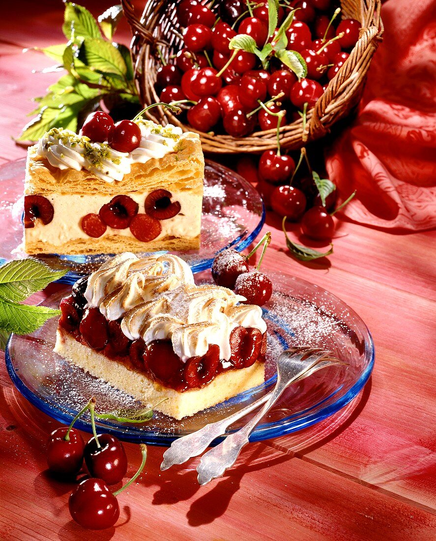 Puff pastry with cherries & cherry slice with meringue
