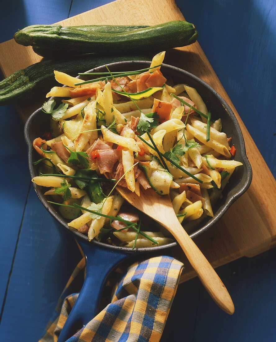 Ham and noodle stir-fry with courgette strips