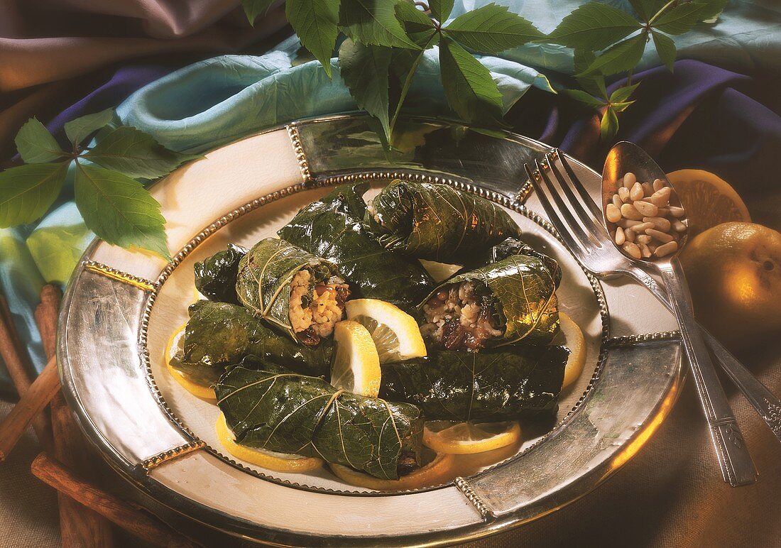 Vine leaves stuffed with rice, sultanas & pine nuts