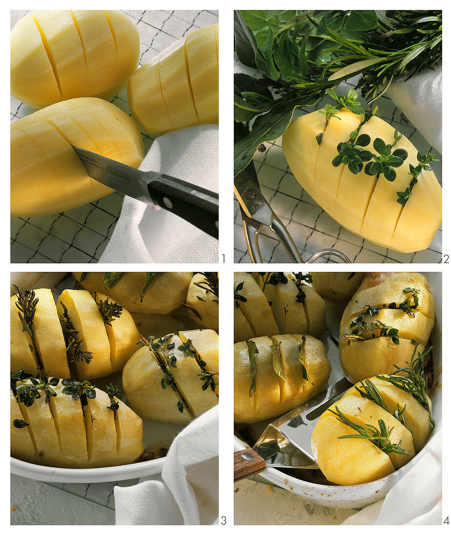Preparing baked potatoes with herbs
