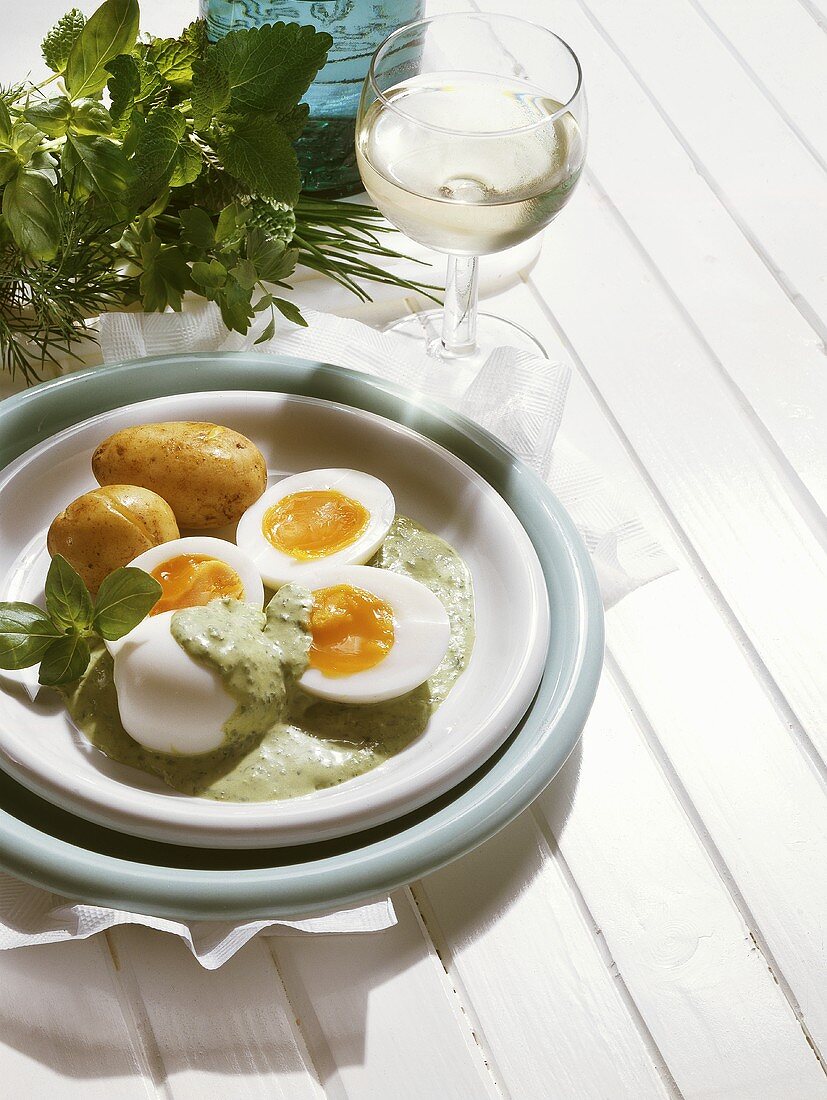 Herb Eggs with new Potatoes and fresh Herbs