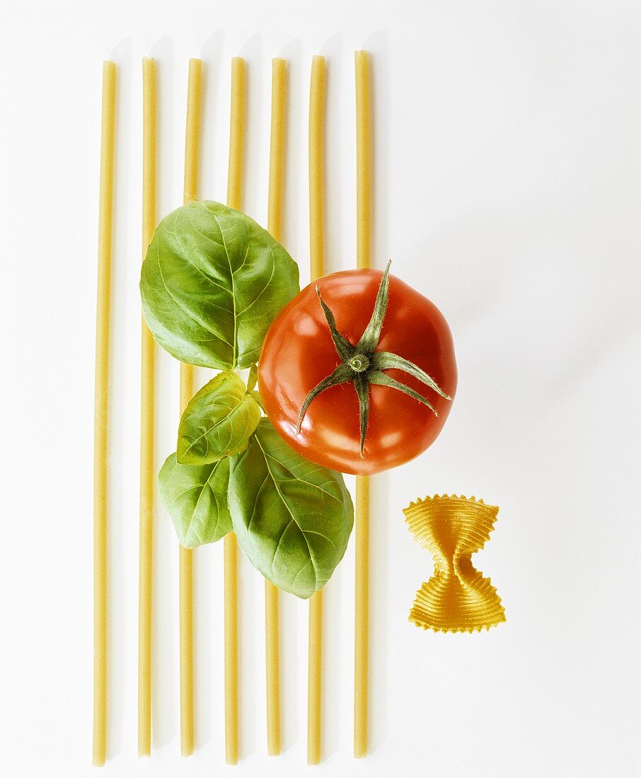 Macaroni, farfalle, tomato and basil