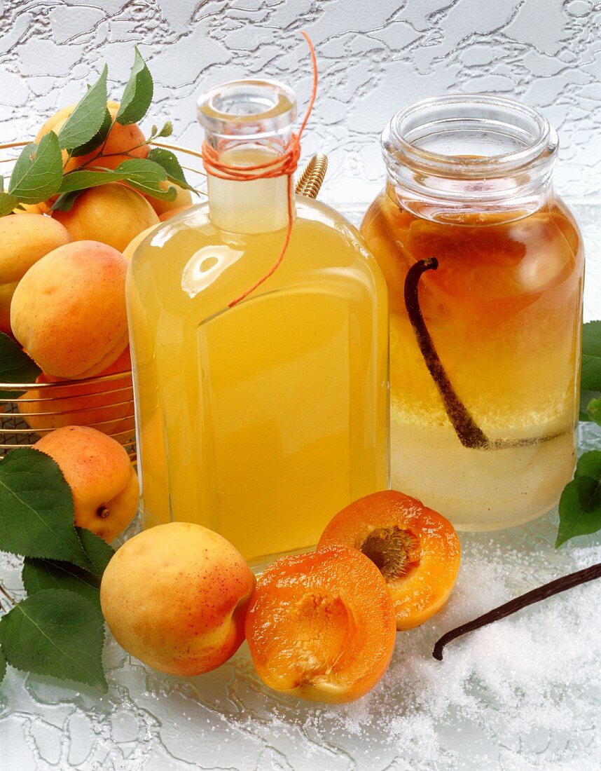 Home-made apricot liqueur with ingredients
