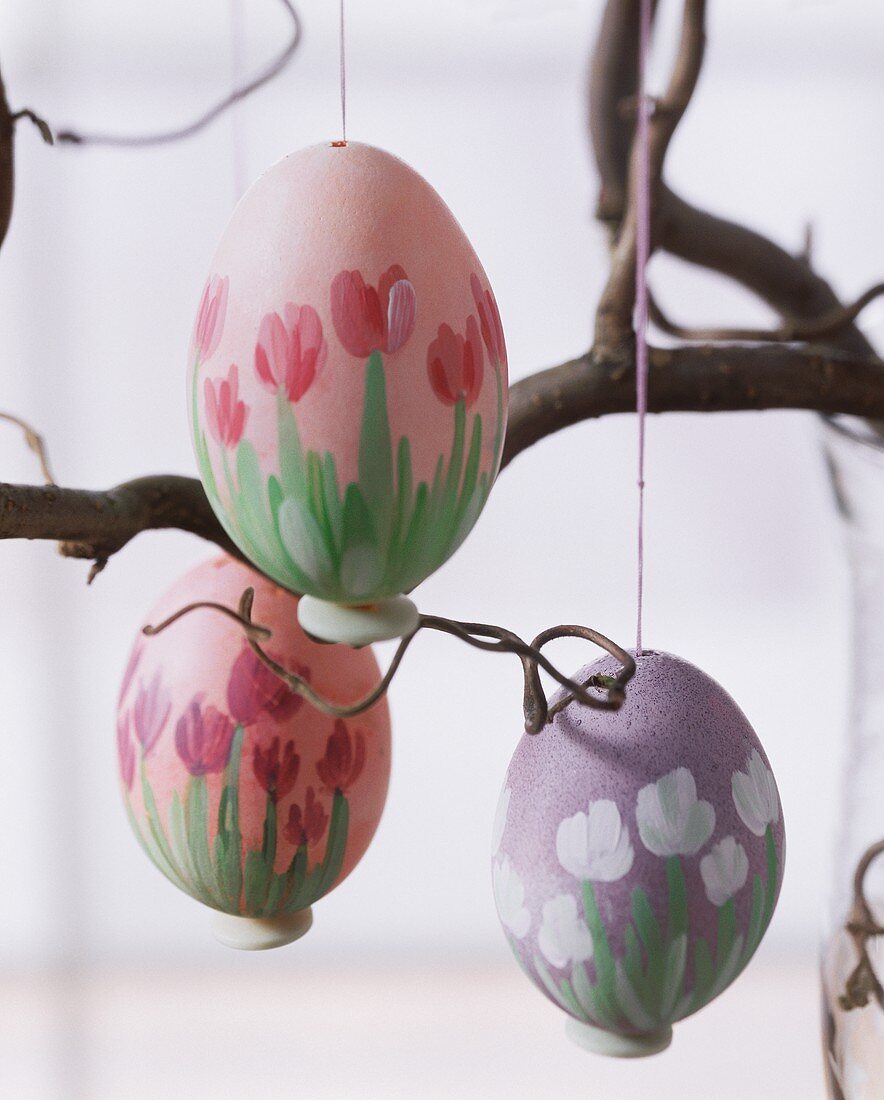 Painted Easter eggs hanging on a branch