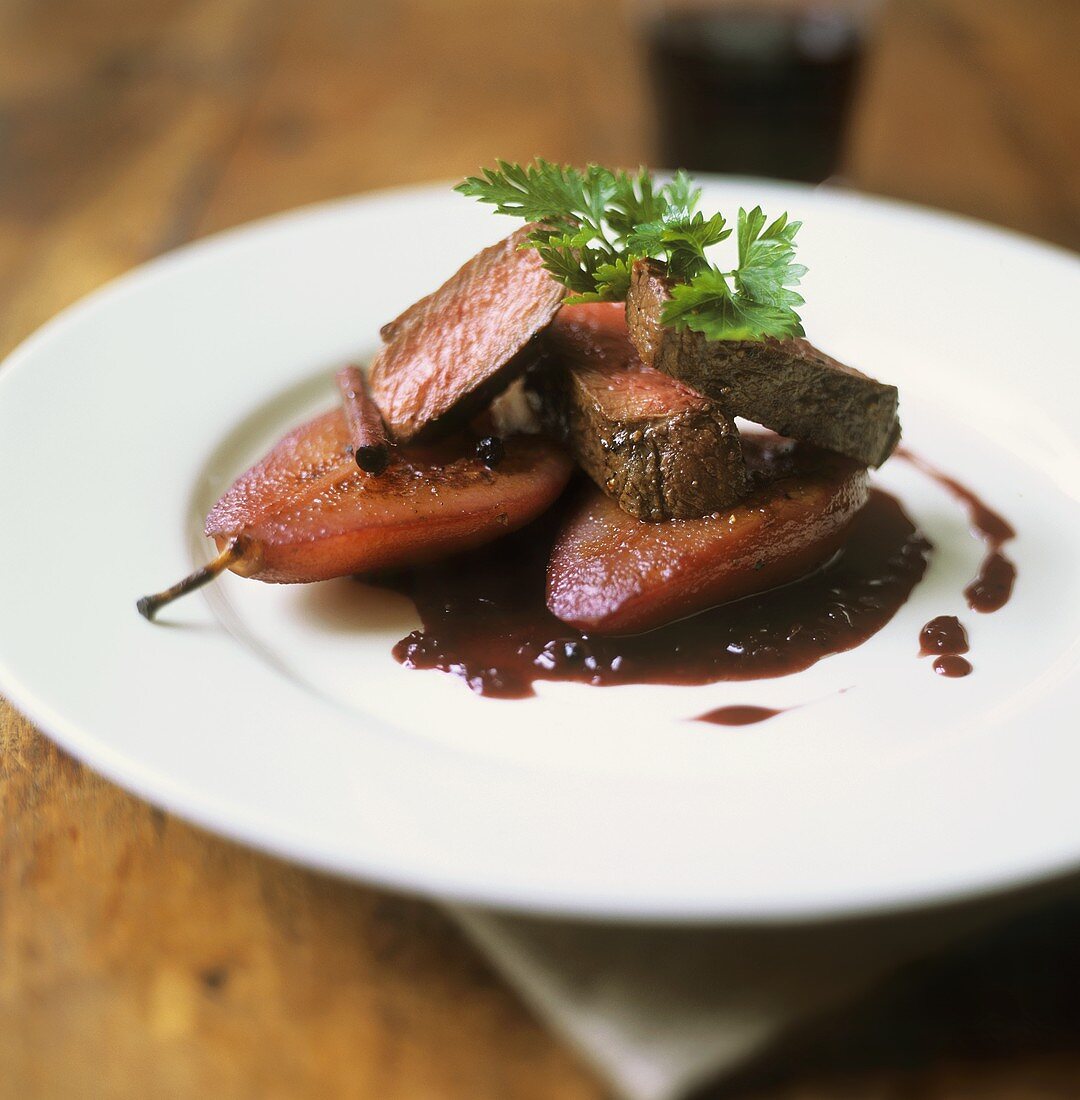 Beef fillet on red wine pear