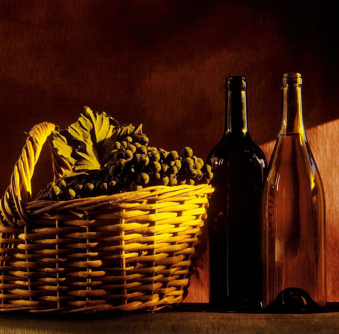 Stillleben mit Weinflaschen und Rotweintrauben im Korb